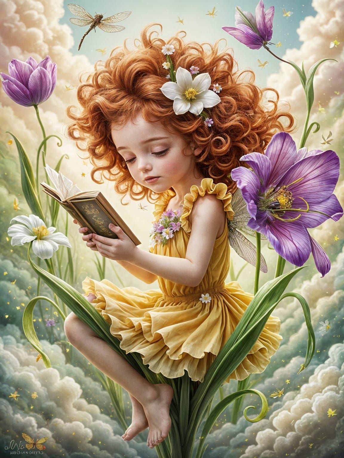 Fairy Reading on Giant Tulip in Dreamy Watercolor Style