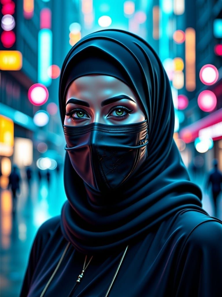 Futuristic Hijabi in Cyberpunk Cityscape