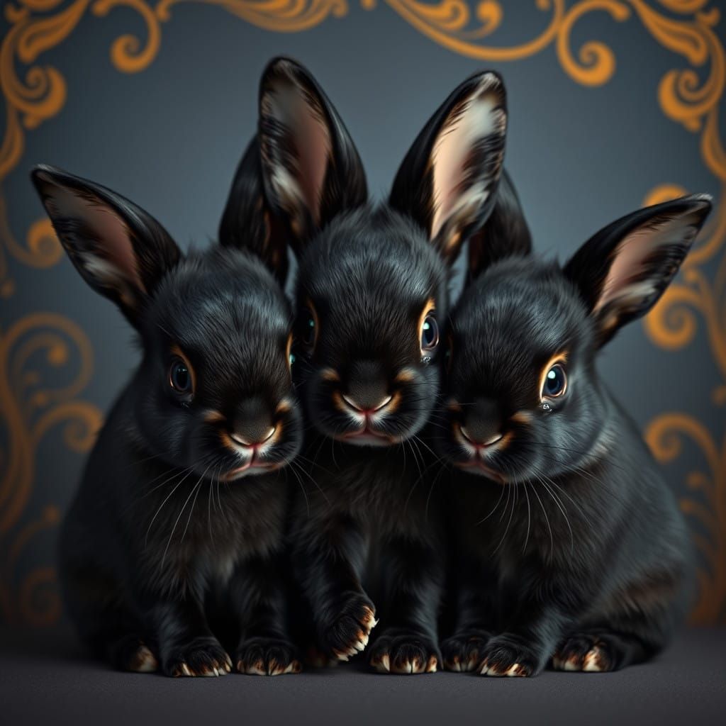 New Zealand Black Baby Rabbits in Art Nouveau Style