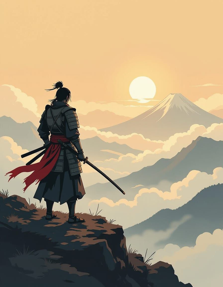Lone Samurai on Mountain Peak at Sunset