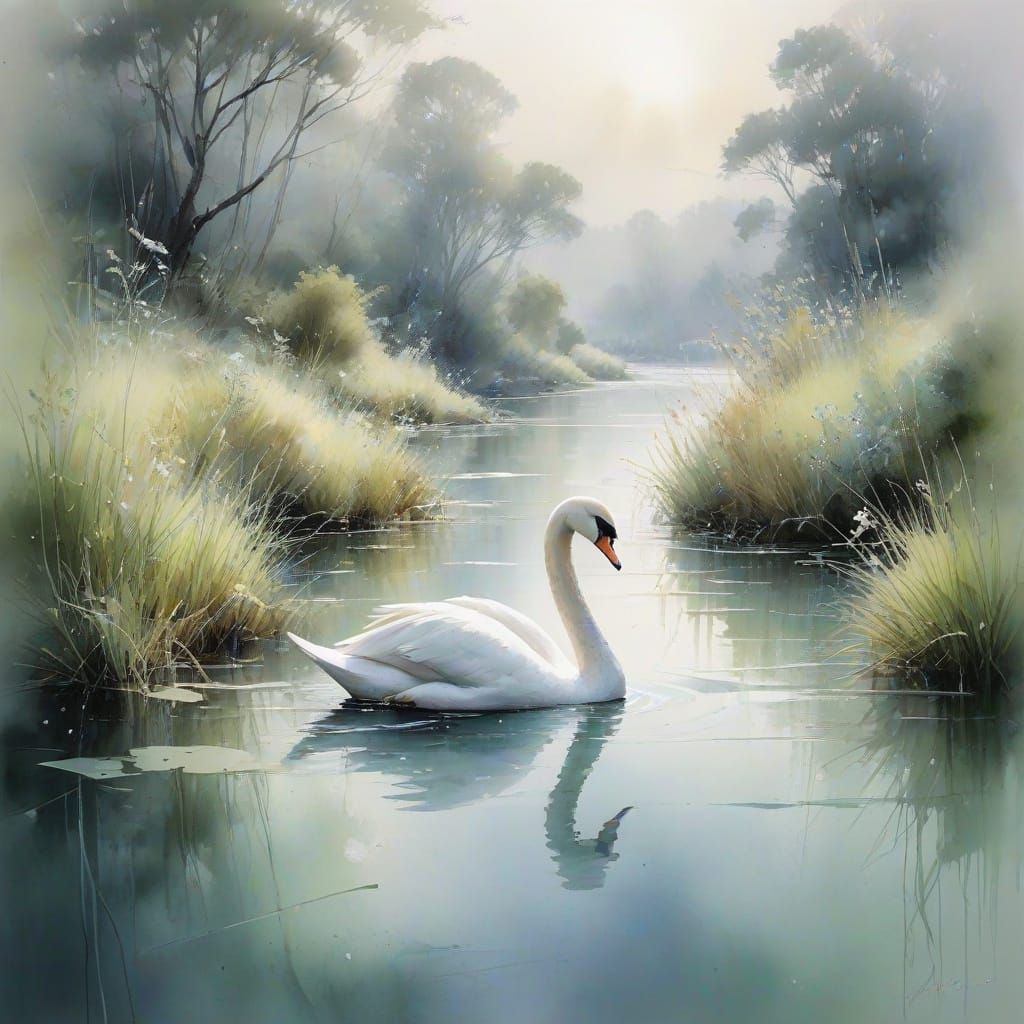 Misty River Swan in Watercolor Style