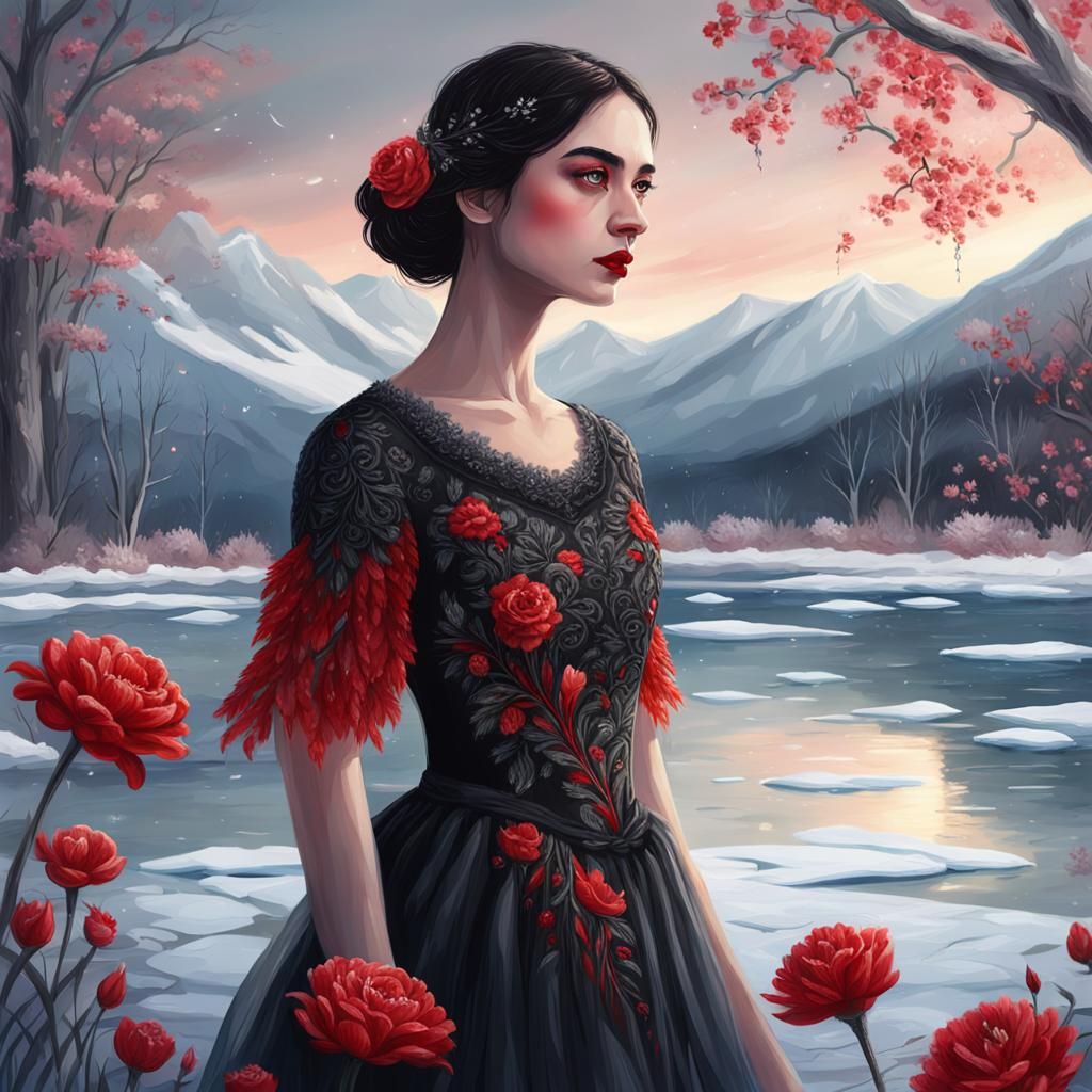 Black Swan Woman on Frozen Lake in Hyperrealistic Style