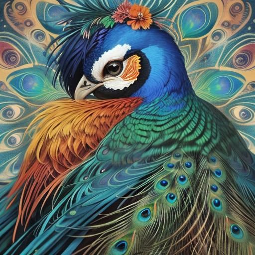 Woman with Peacock Feathers in Surrealist Portrait