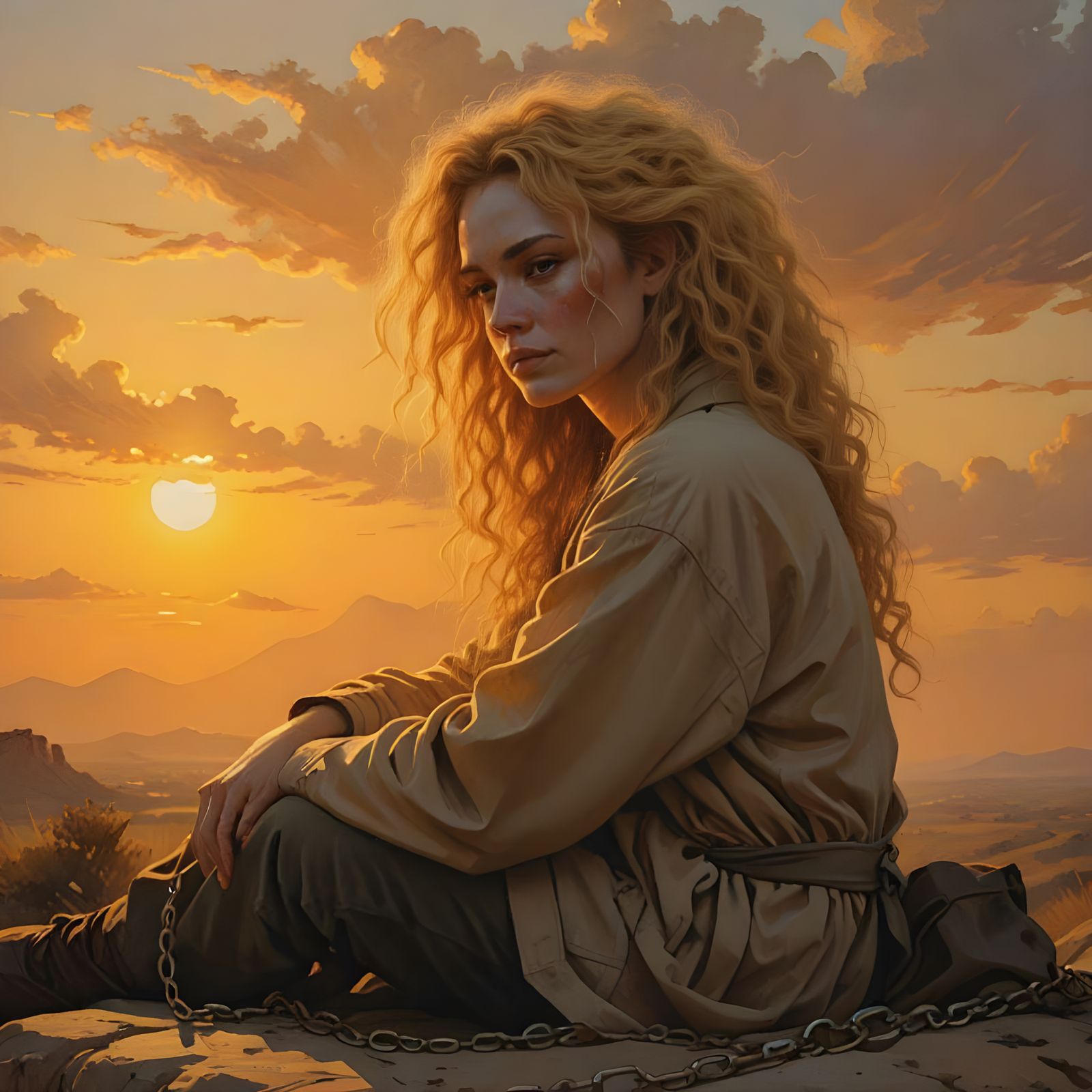 Tired Woman with Chains in Fantasy Sunset