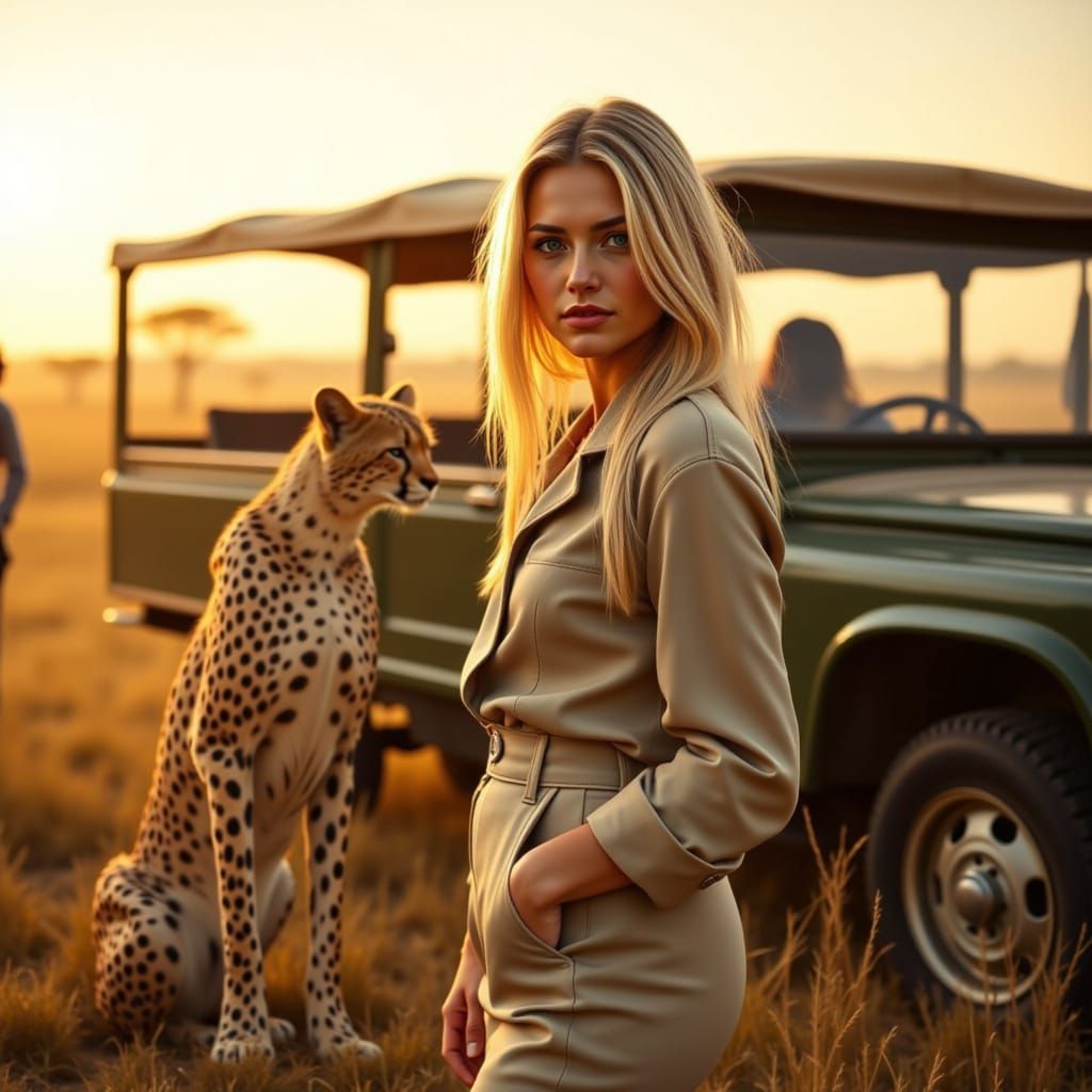 Safari Woman with Cheetah and Vintage Land Rover