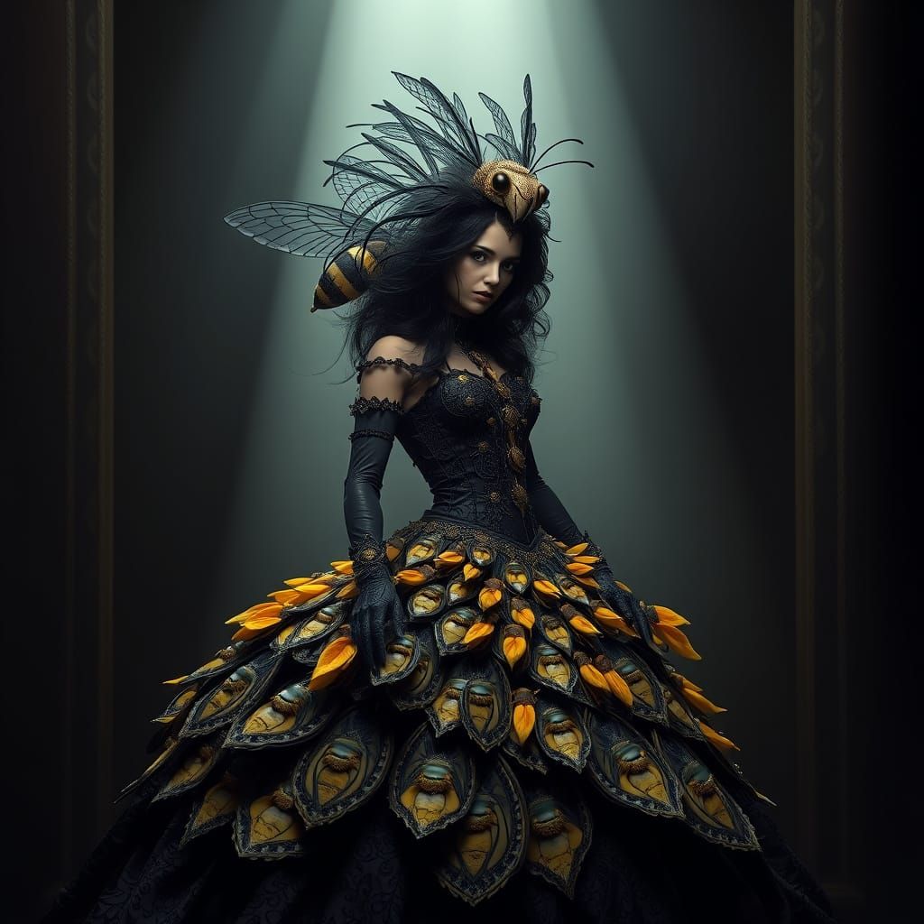 Gothic Woman in Bee Ball Gown, Dystopian Fantasy