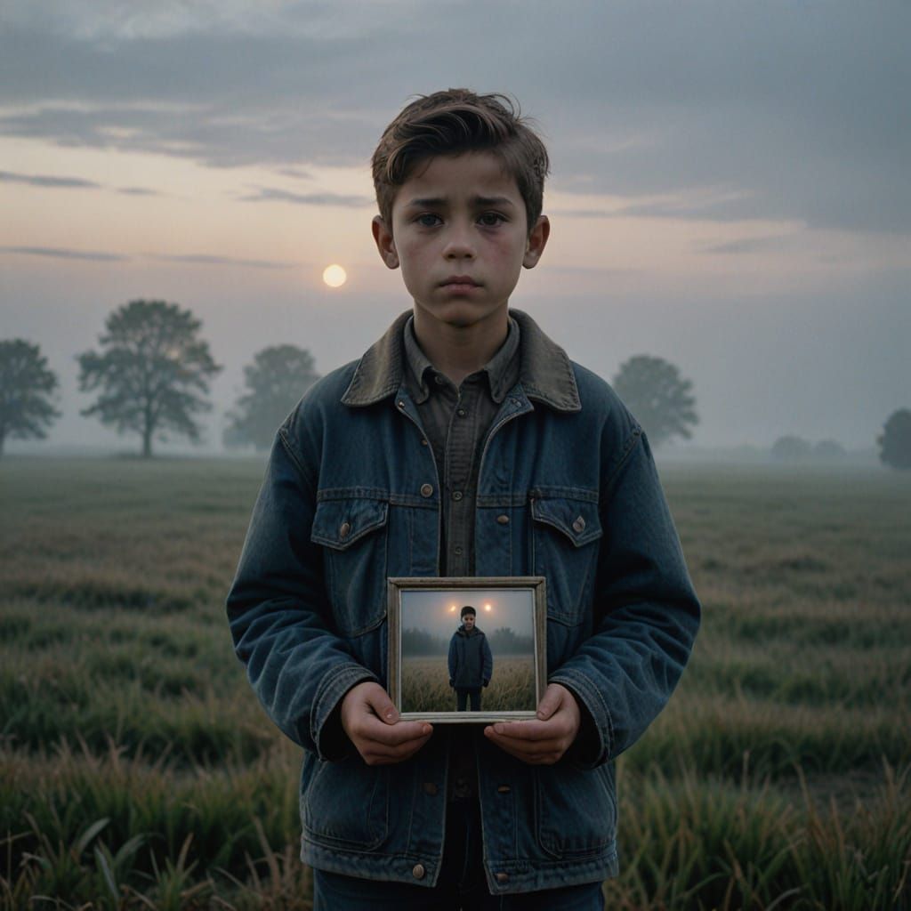 Boy with Photograph in Fog-Covered Field