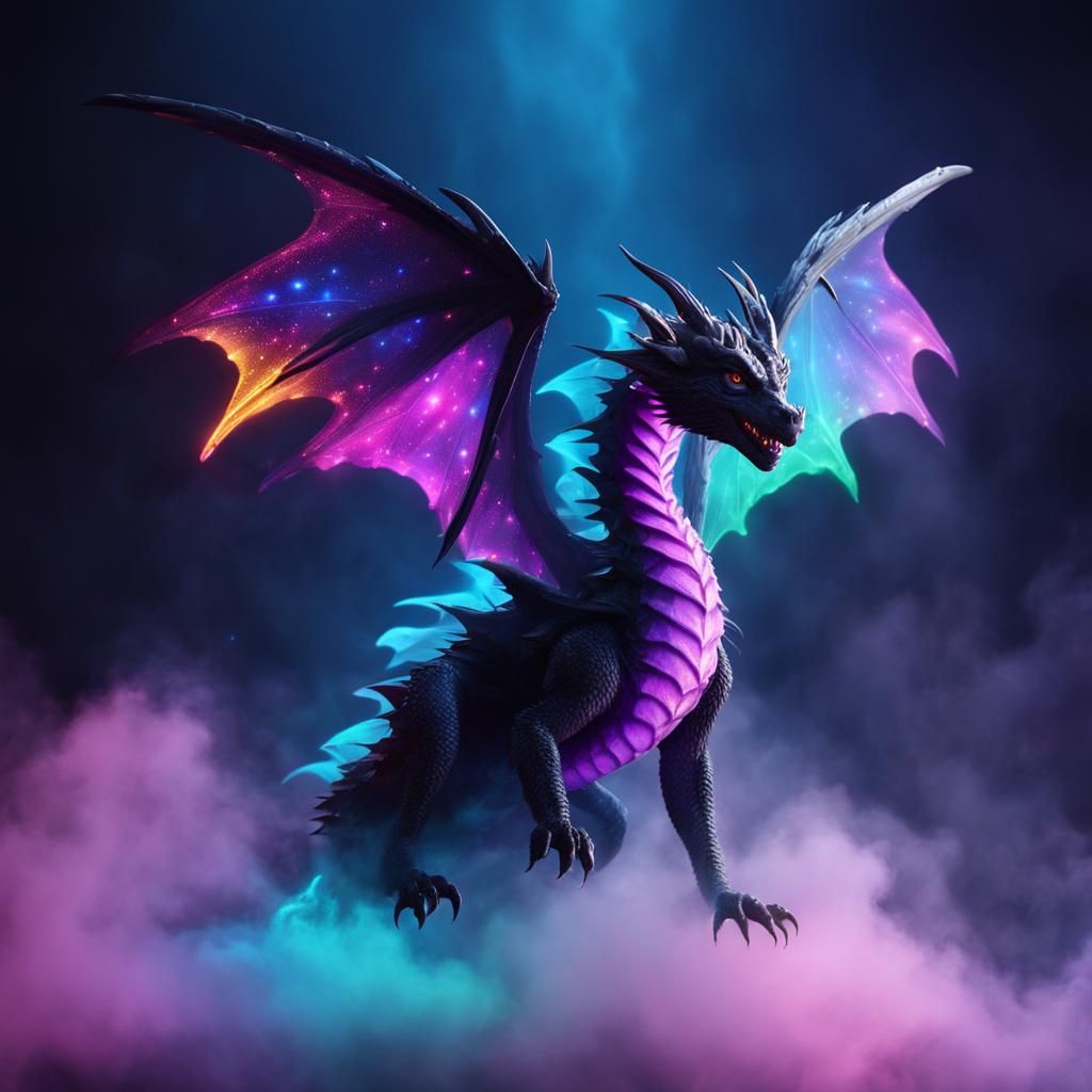 Ethereal Baby Dragon Silhouette with Neon Wings