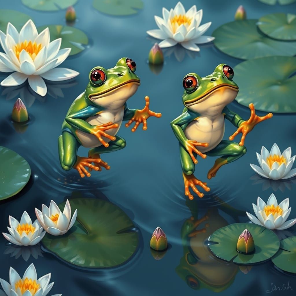 Vibrant Frogs Hopping on a Serene Pond