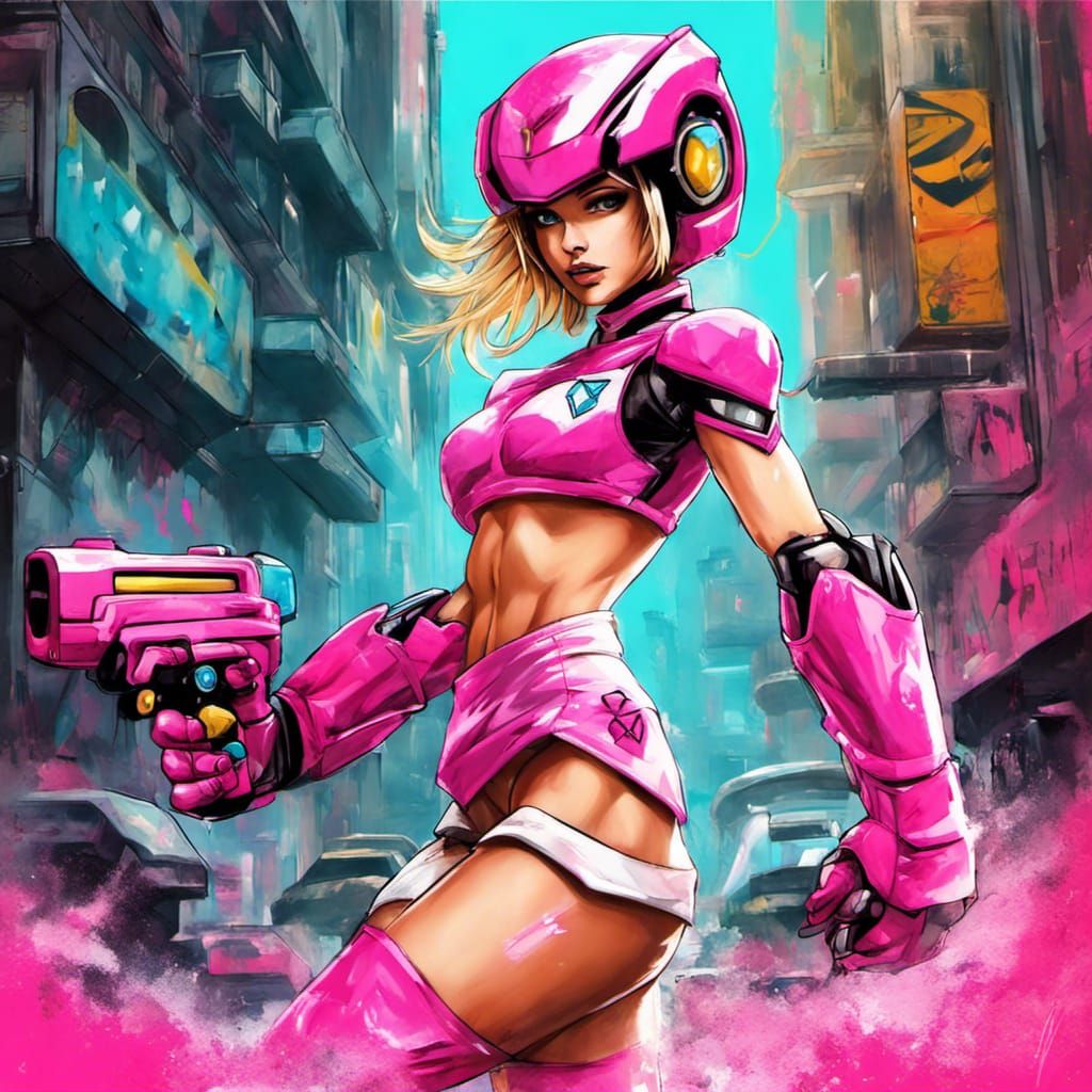 Cyberpunk Cheerleader with Arm Cannon in Graffiti Style