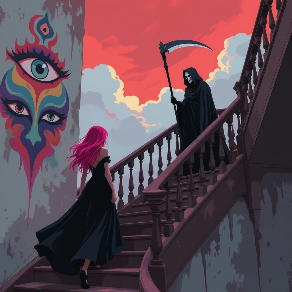 Girl Ascends Staircase Towards Cloaked Figure as Digital Art