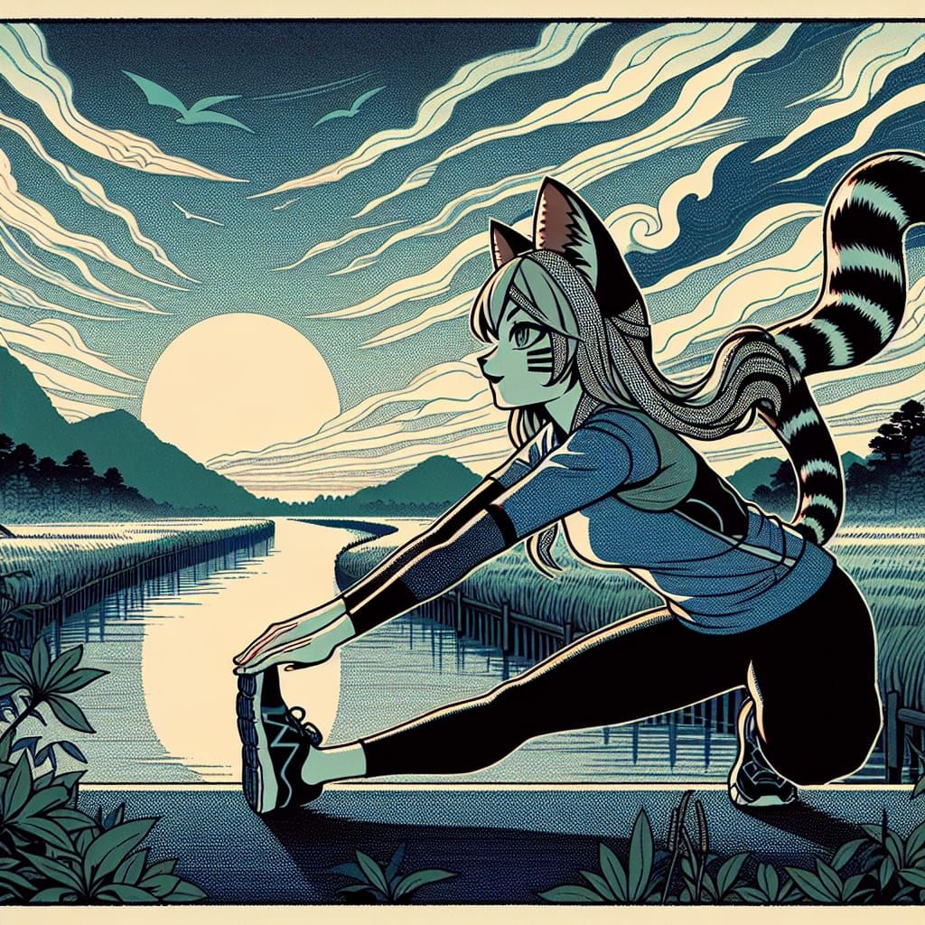 Anime Cat Girl Stretches in Ukiyo-e Style