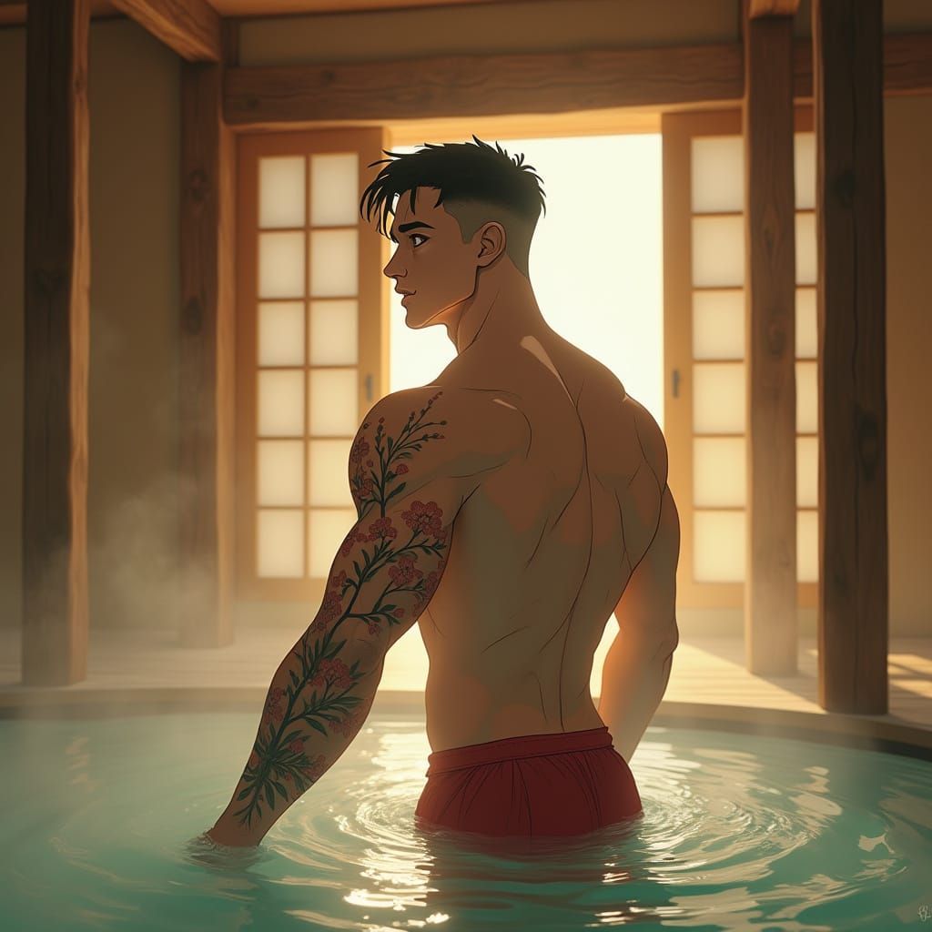 Muscular Gymnast in Serene Japanese Bath House