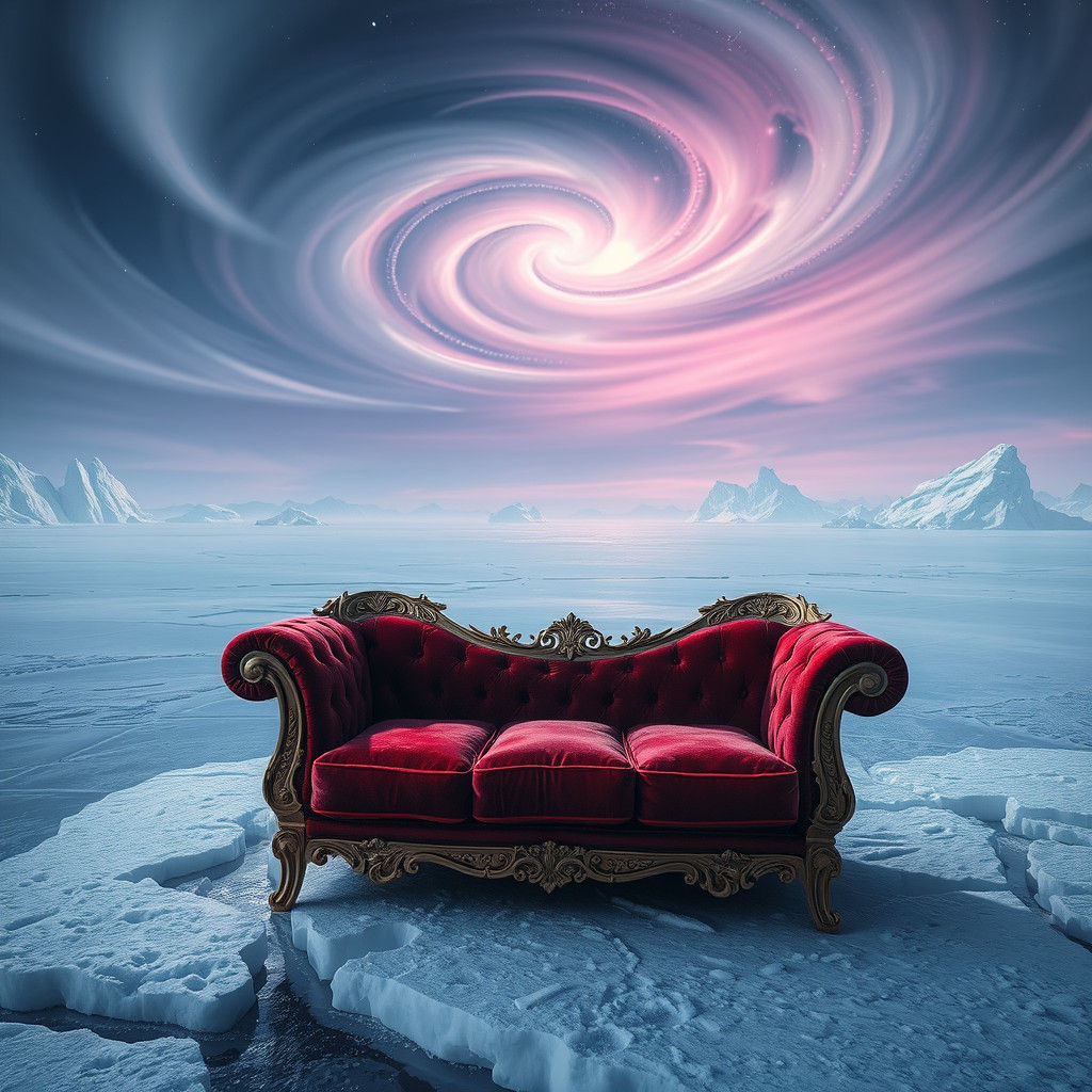 Crimson Couch on Frozen Tundra in Atmospheric Style