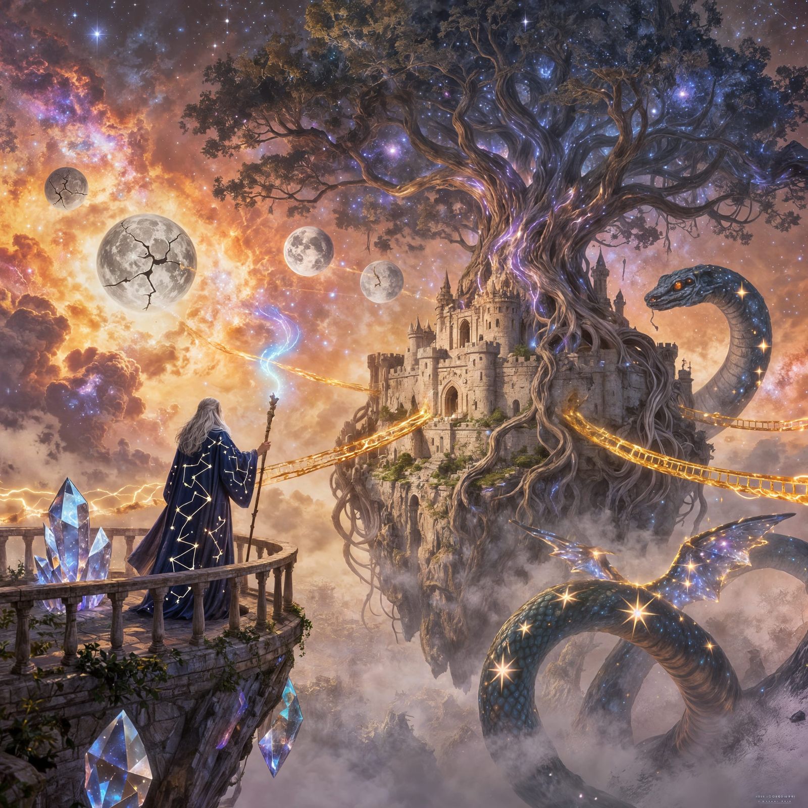 Crystal Citadel Above Nebula Sea with Cosmic Tree Roots