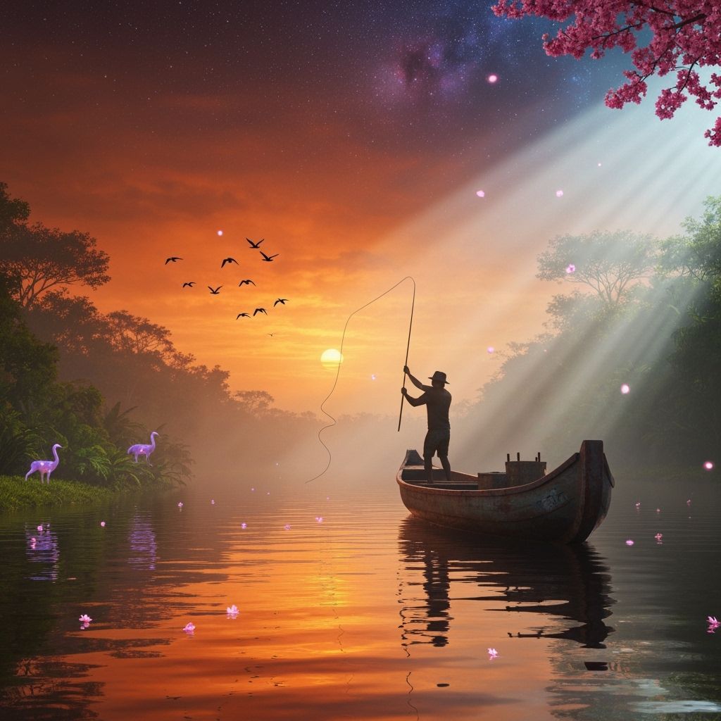 Fisherman in Canoe at Fiery Amazon Sunset Digital Painting