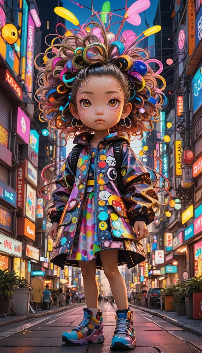 Playful Girl in Neon Cityscape, Hyper-detailed Digital Art