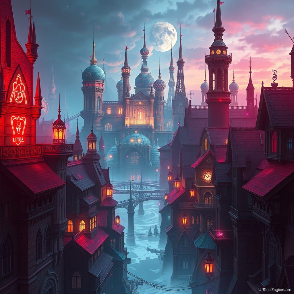 Futuristic Cityscape with Medieval Accents in Vibrant Neon