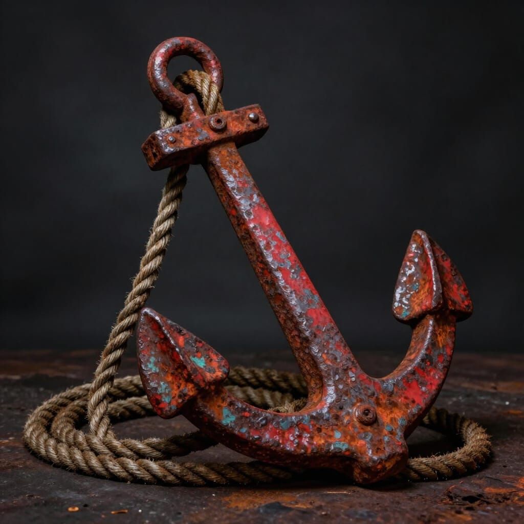 Rusted Red Anchor with Rope in Dramatic Light