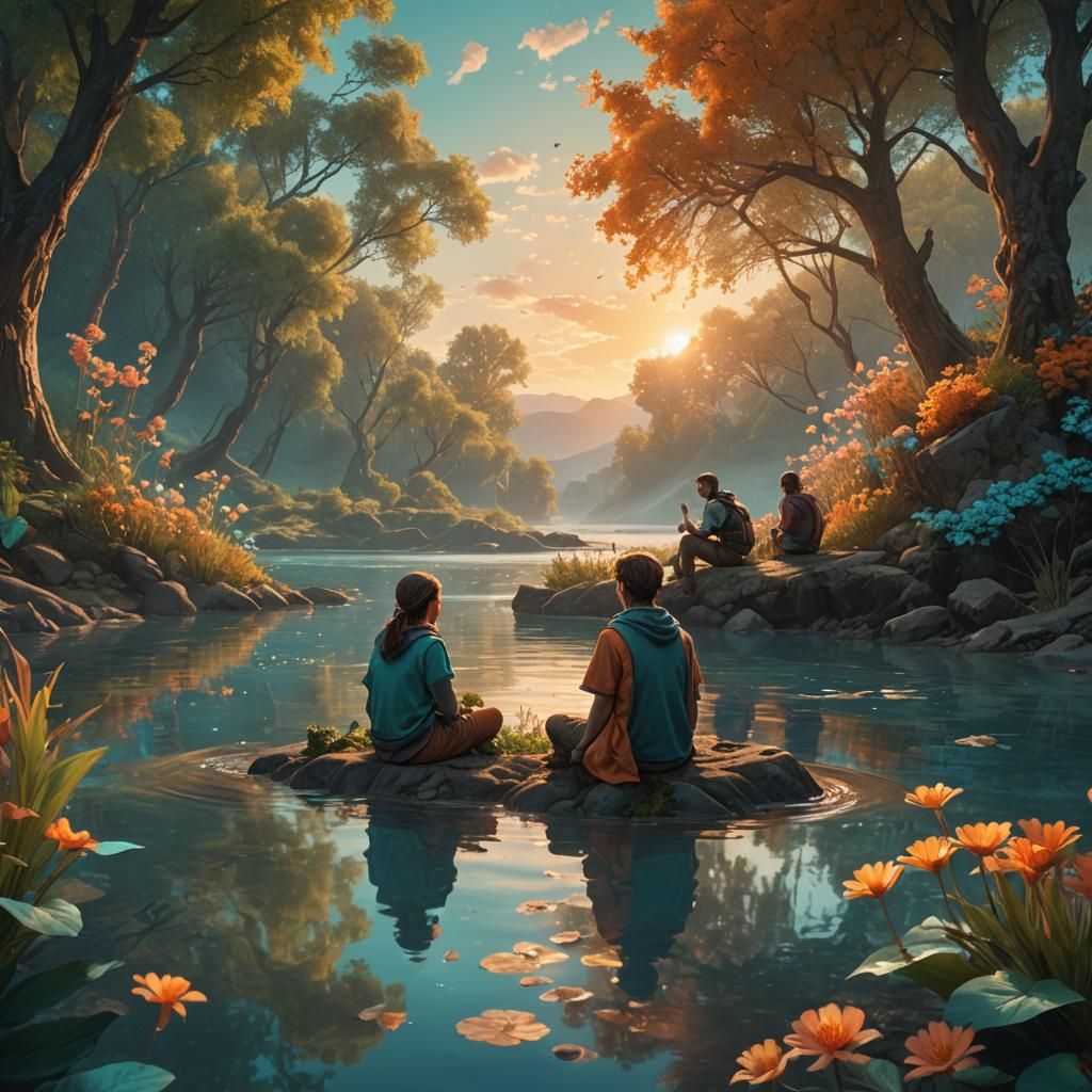 Friends by Riverbank in Fantasy Art Nouveau Style