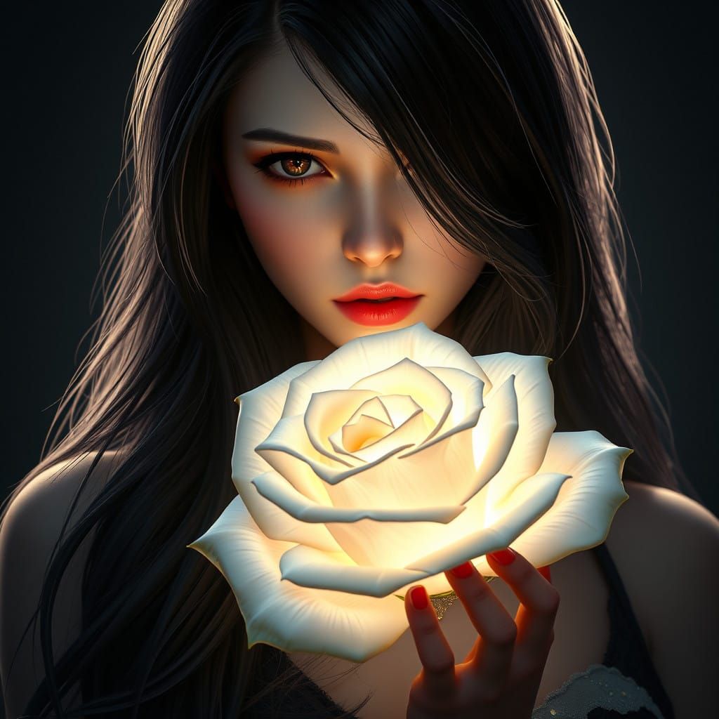 Enchanting Portrait of a Mystical Beauty with Glowing Rose