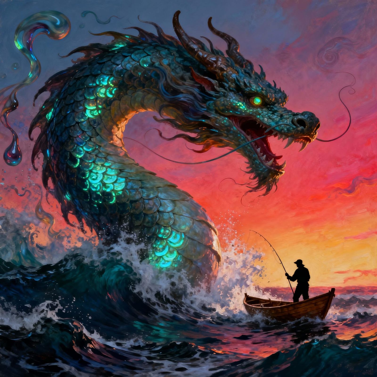 Mythical Sea Serpent Battle in Stormy Ocean