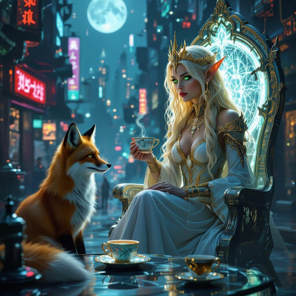 Elven Queen Sipping Tea in Cyberpunk Cityscape