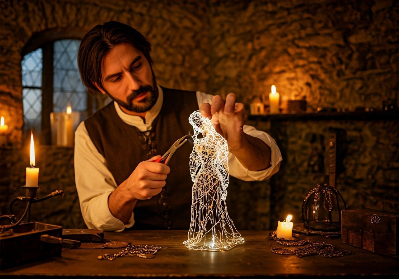 Medieval Jeweler Creates Wire Figurine with Glowing Stones