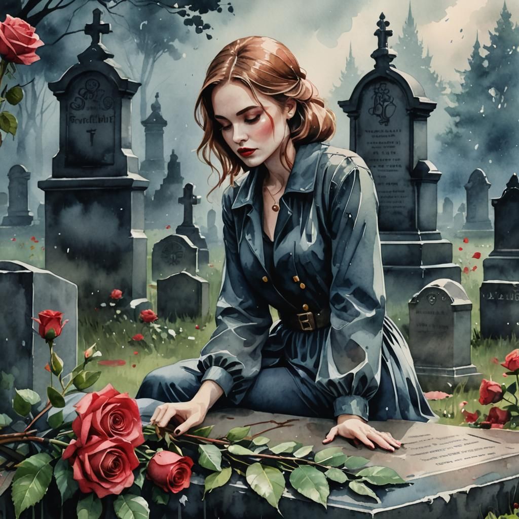 Watercolor Woman Mourning at Gravestone in Gouache Style