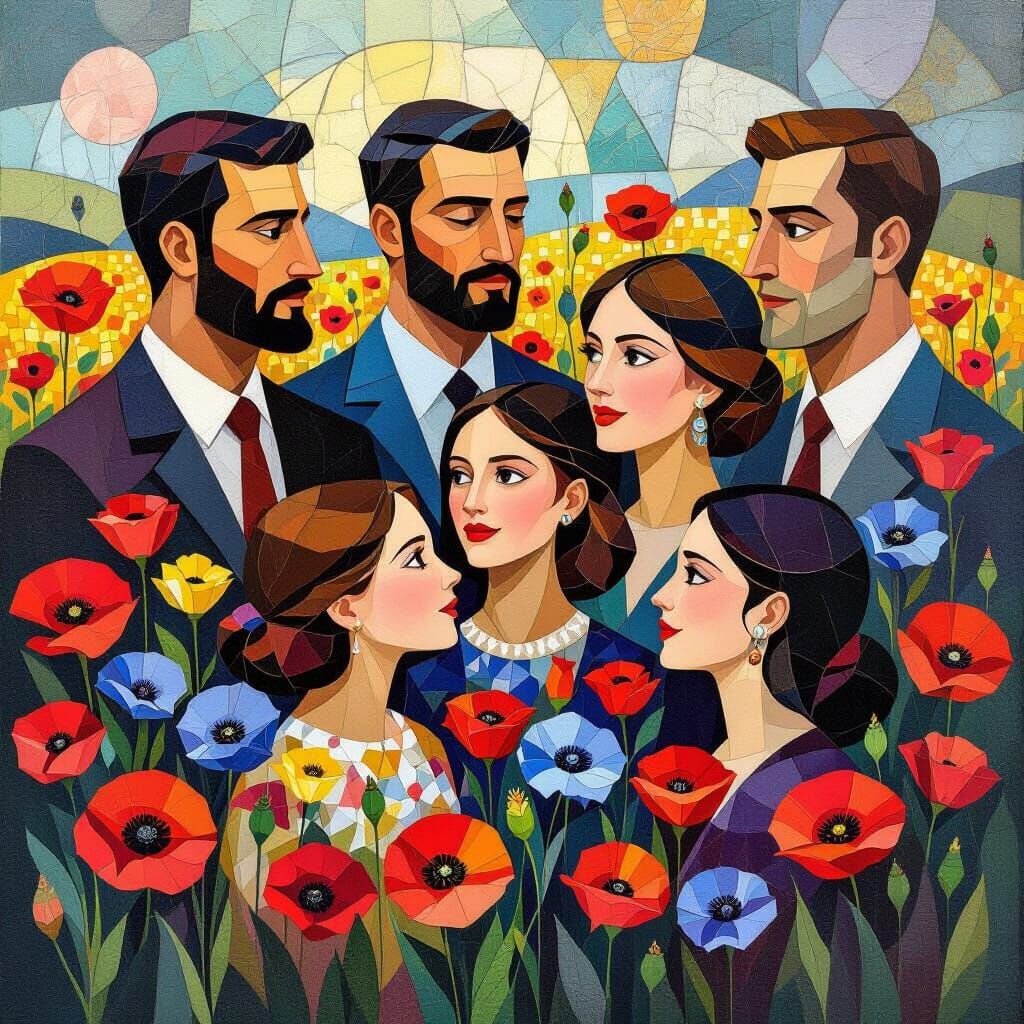 Curious People in Cornflower Field, Socialist Mosaic Style