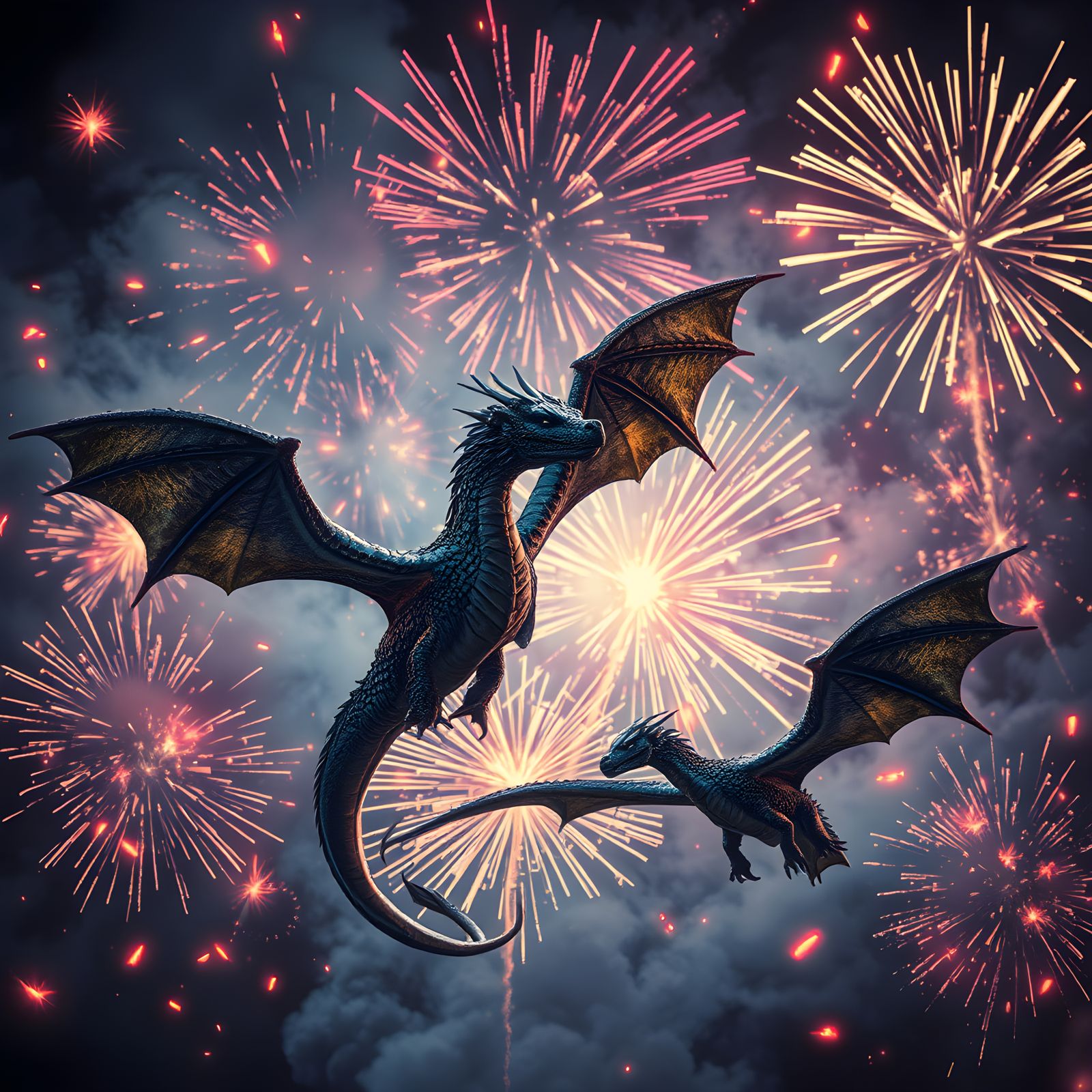 Hyperrealistic Dragons Soaring Through Fireworks Display