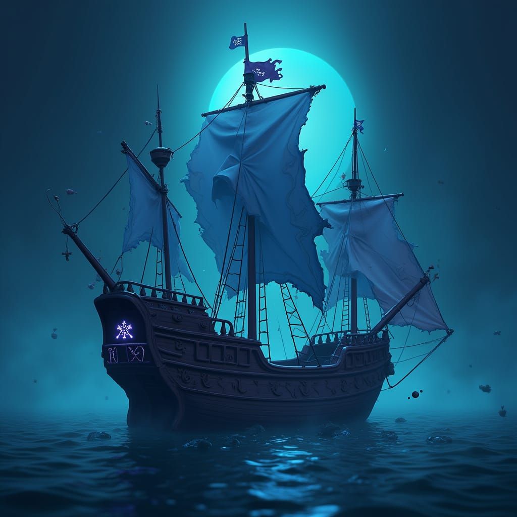 Translucent Pixel Ghost Ship in Spooky Cartoon Style