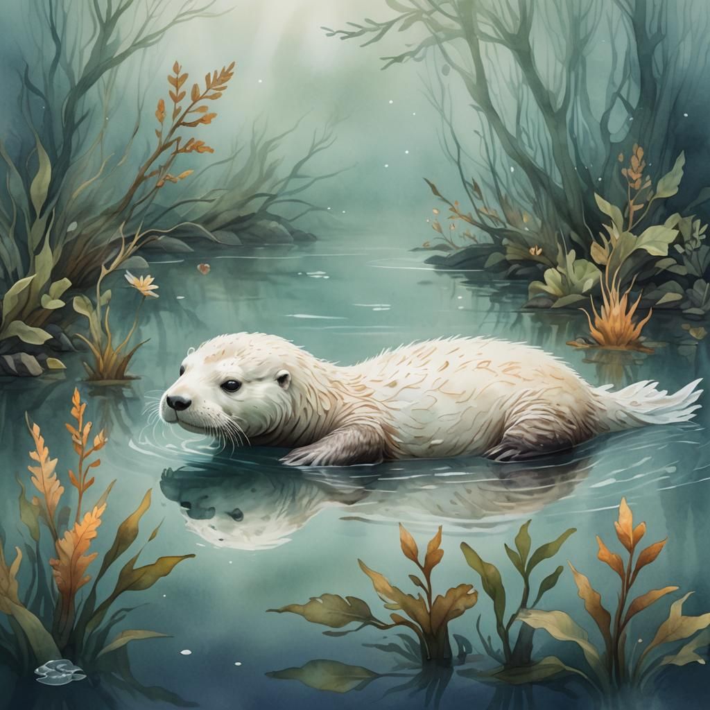 Albino Sea Otter in Watercolor Kelp Forest