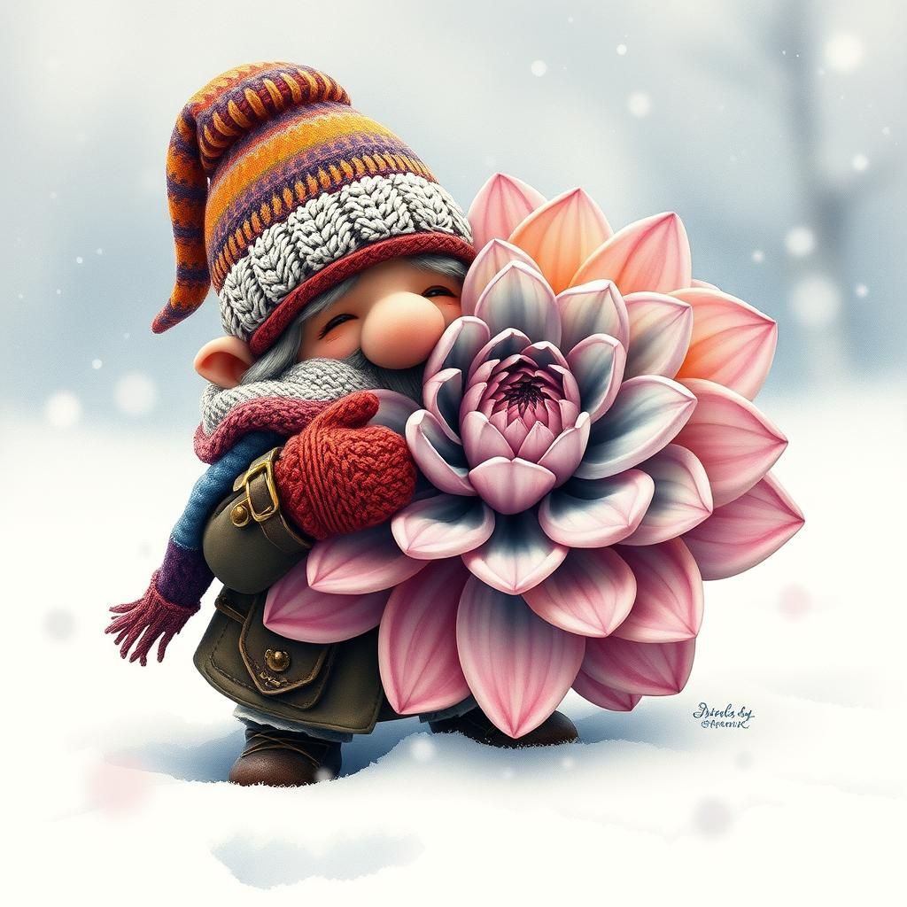 Gnome Warms Flower in Snowy Steampunk Landscape