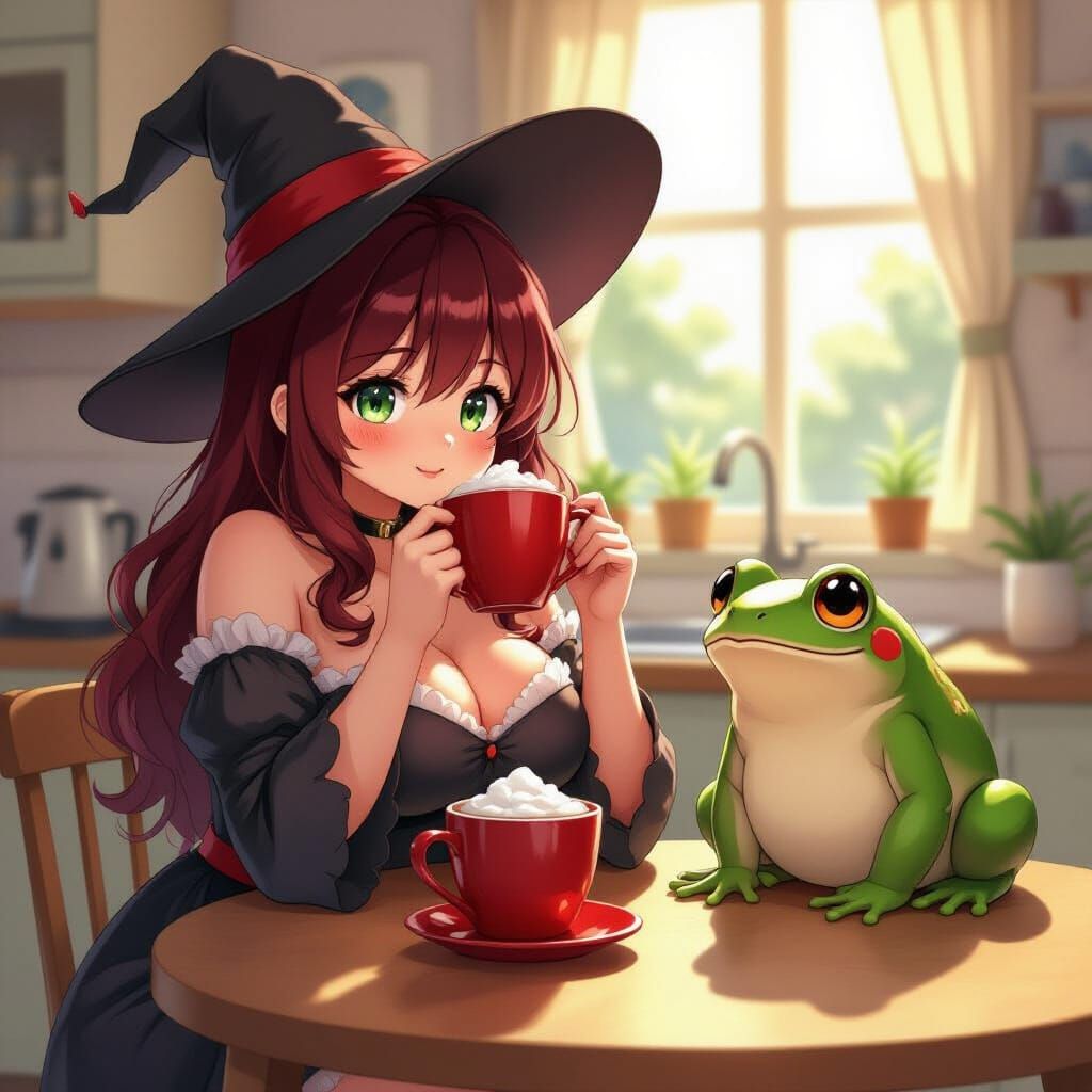 Crimson-Haired Anime Witch Sipping Coffee in Studio Trigger ...
