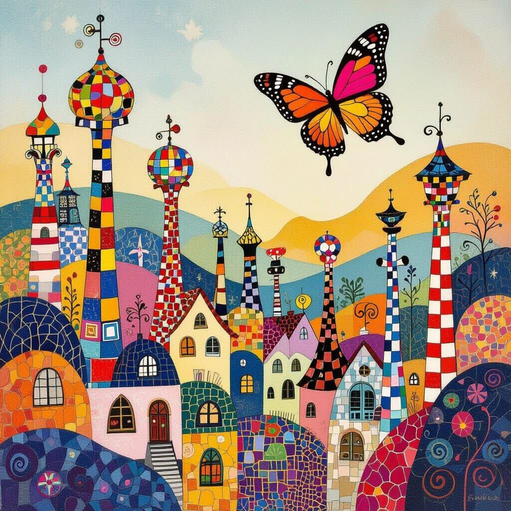 Butterfly Soaring Above Whimsical Cityscape