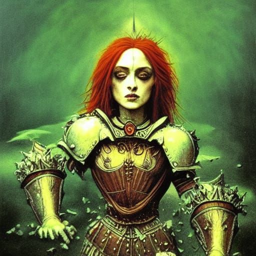 Woman in White Armor with Monster, Baroque Style