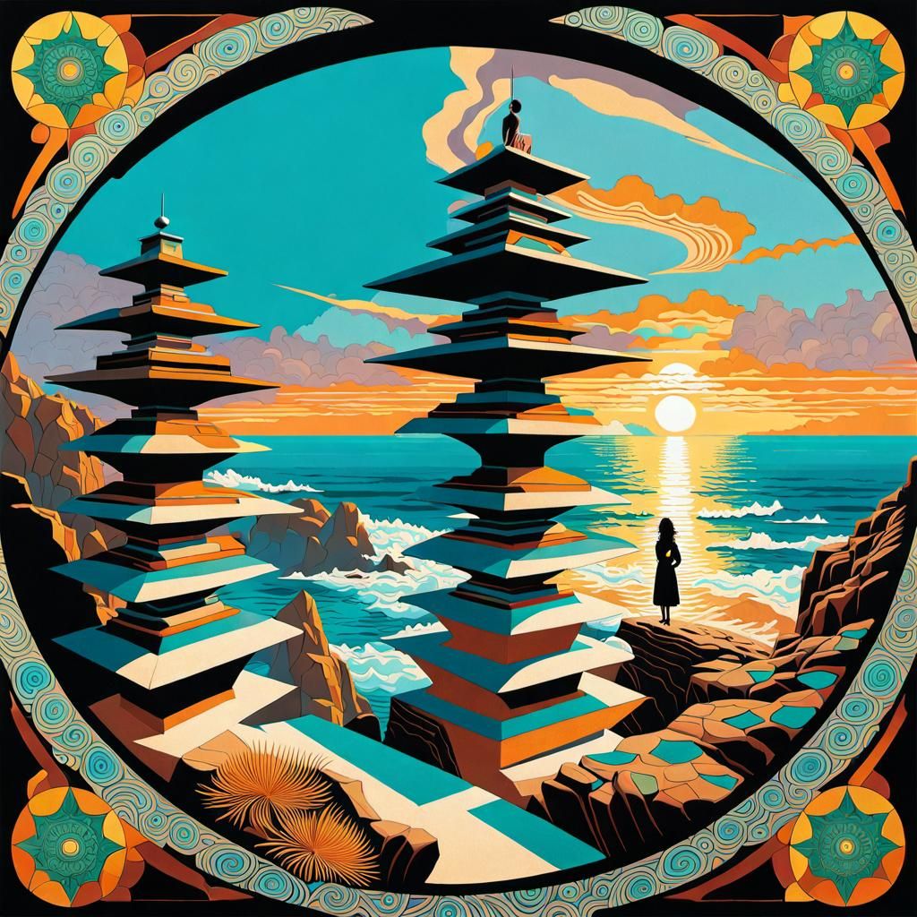 Contemplative Woman at Sunrise: Ukiyo-e Style