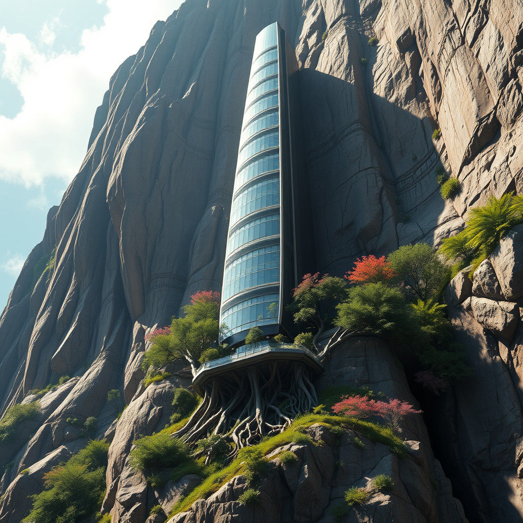 Modern Skyscraper Merged with Cliff in Detailed Matte Painti...