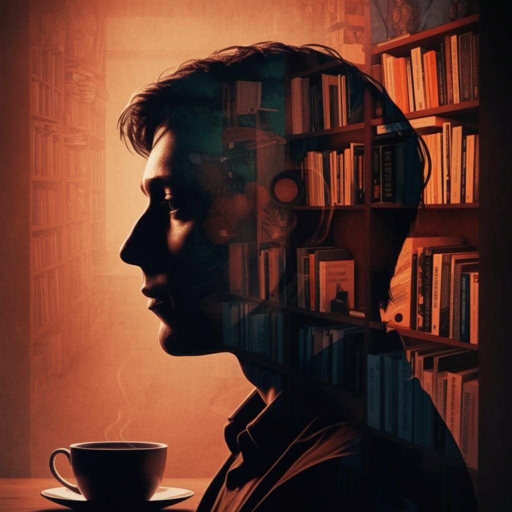 Profile Portrait with Bookshelf in Arik Brauer Style