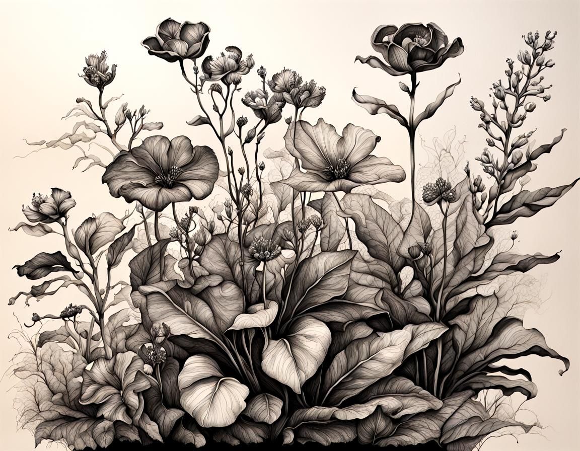 Detailed Botanical Ink Drawing with Flowers and Leaves