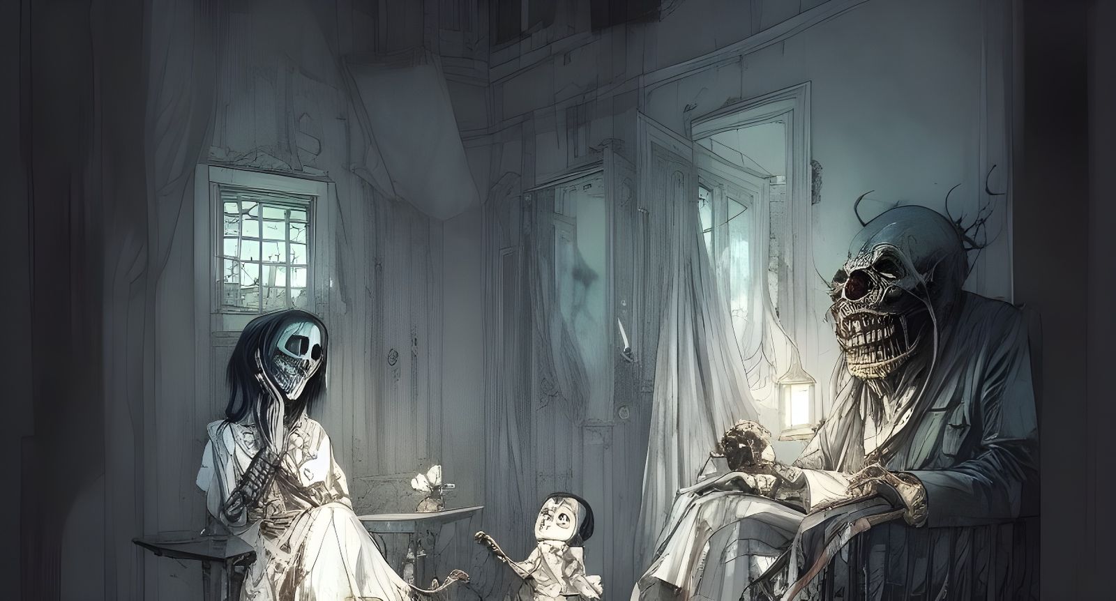 Scary Ghost Haunts Mansion: Digital Illustration