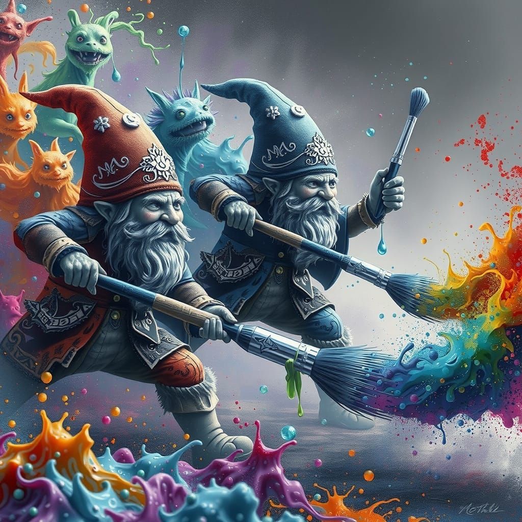 Gnomes' Colorful Brush Duel in Watercolor Style