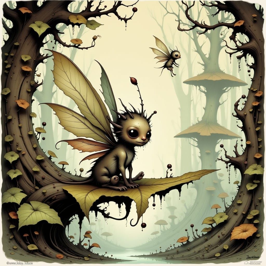 Cute Fairy on Leaf: Surreal Illustration with Heavy Lines