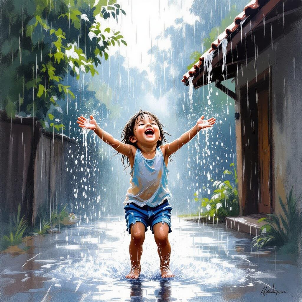 Child Dances in Summer Rain, Charcoal Drawing