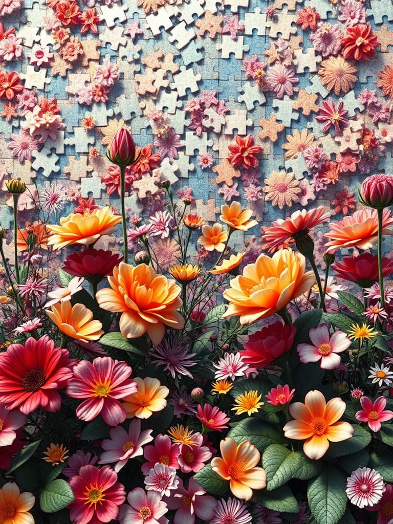 Intricate Floral Garden Puzzle in Vibrant Watercolor and Ink