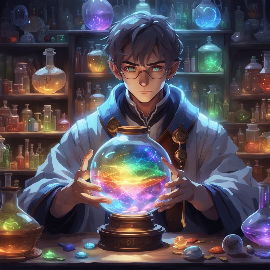 Alchemist Holding Philosopher's Stone in Futuristic Lab