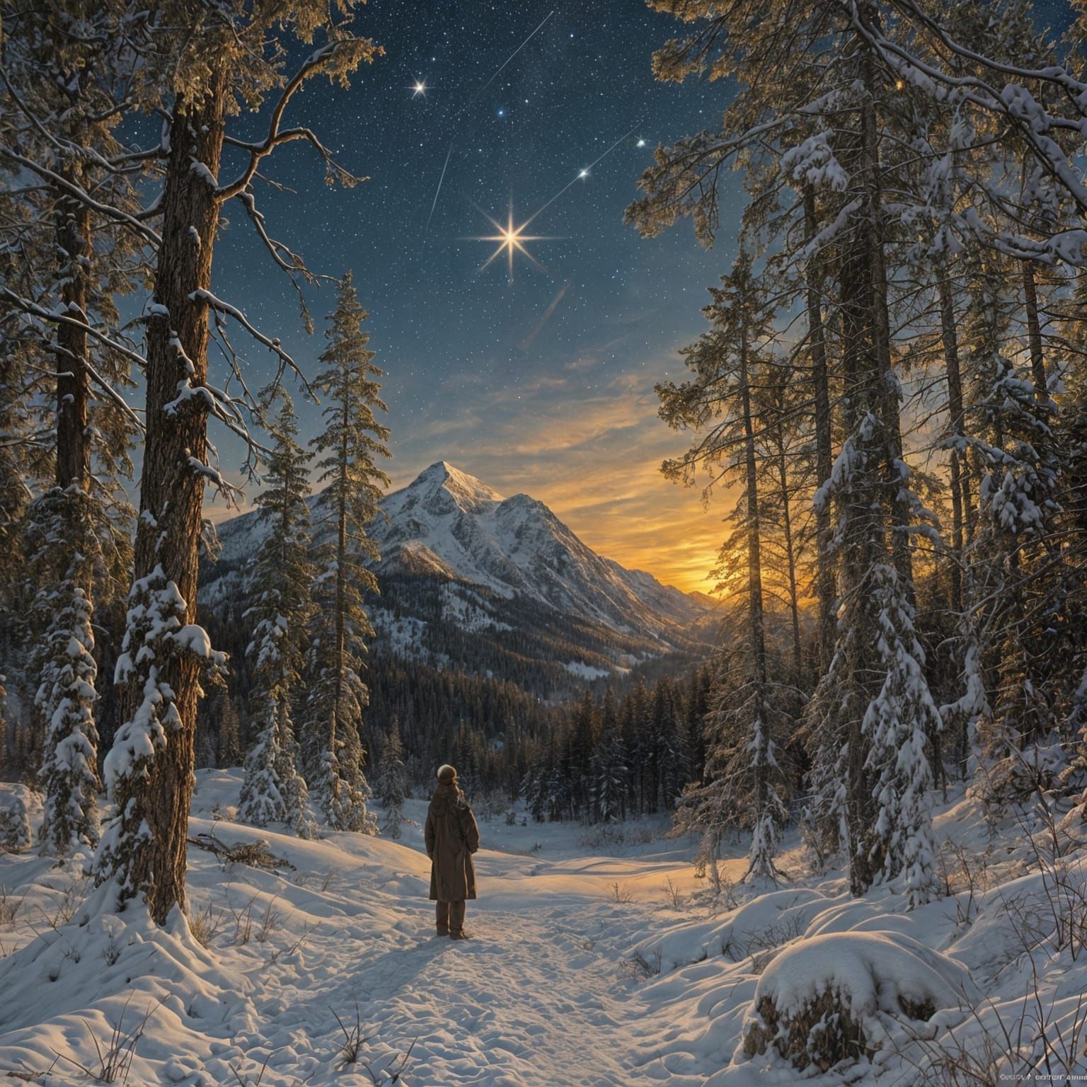 Oiled Masterpiece: Snowy Forest Under North Star and Sunset