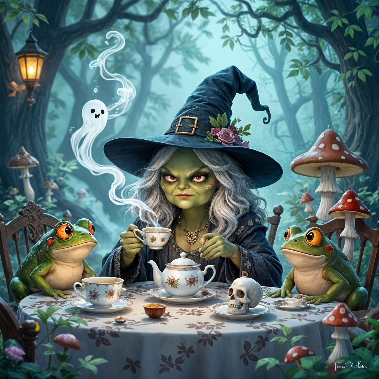 Ancient Witch Hosts Grumpy Tea Party With Frogs and Skulls