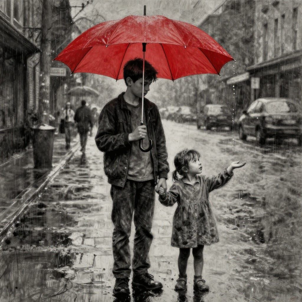 Couple Under Red Umbrella in Rainy Cityscape